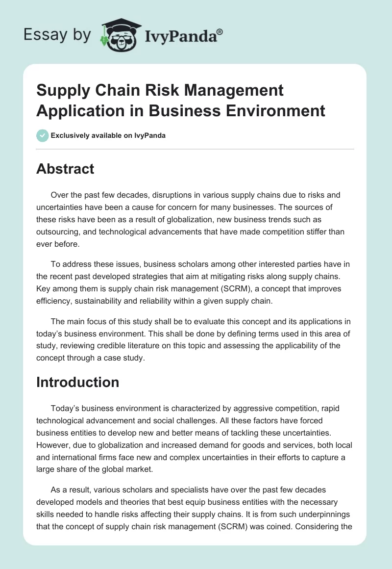 Supply Chain Risk Management Application in Business Environment. Page 1