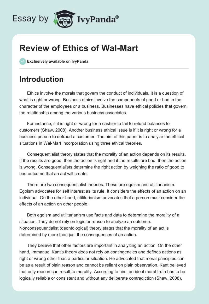 Review of Ethics of Wal-Mart. Page 1