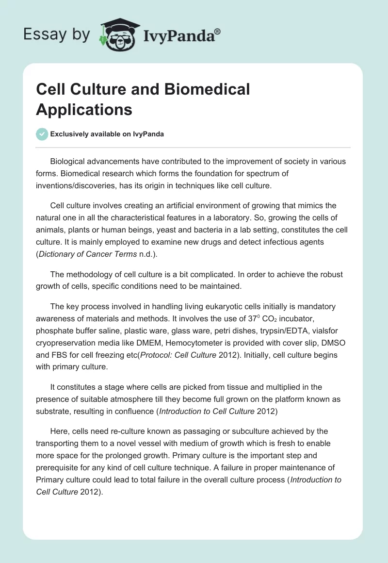 Cell Culture and Biomedical Applications. Page 1