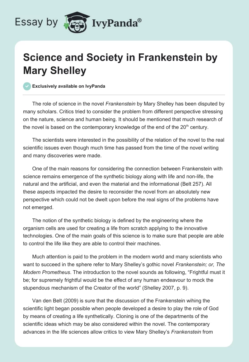 Science and Society in "Frankenstein" by Mary Shelley. Page 1