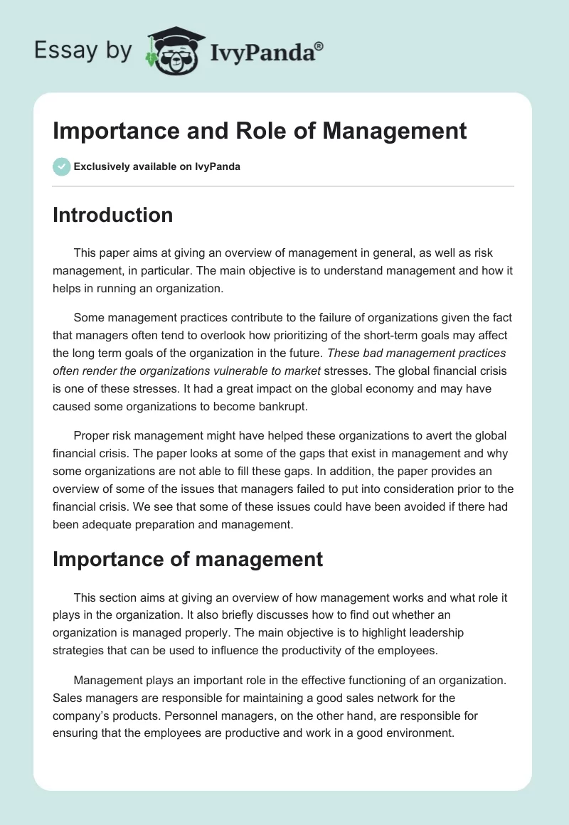 Importance and Role of Management. Page 1
