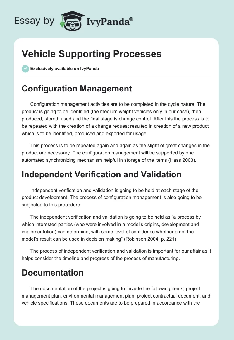 Vehicle Supporting Processes. Page 1