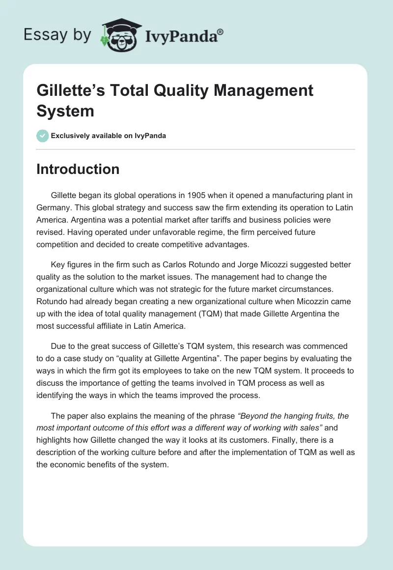 Gillette’s Total Quality Management System. Page 1