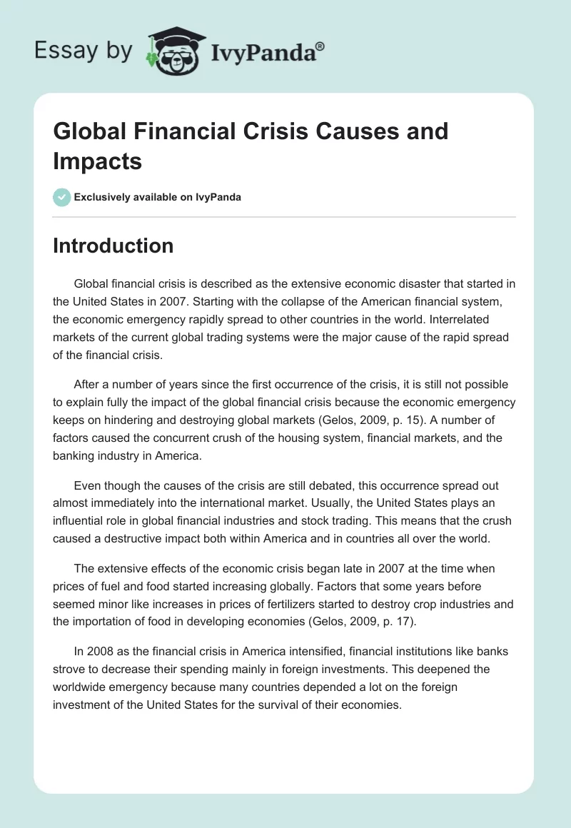 Global Financial Crisis Causes and Impacts. Page 1