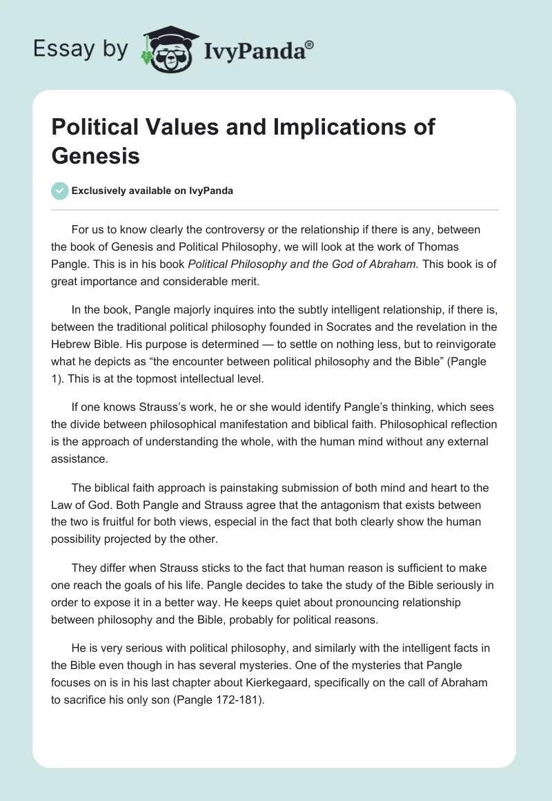 Political Values and Implications of Genesis. Page 1