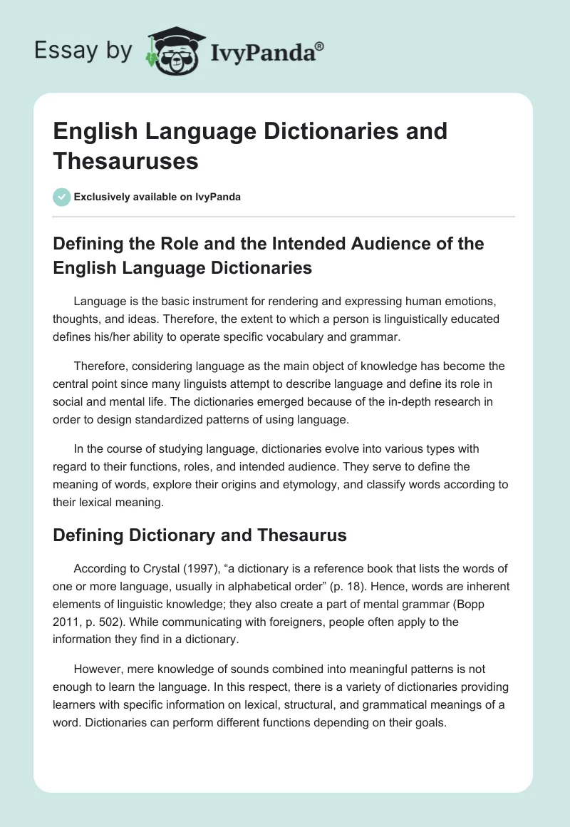 English Language Dictionaries and Thesauruses. Page 1