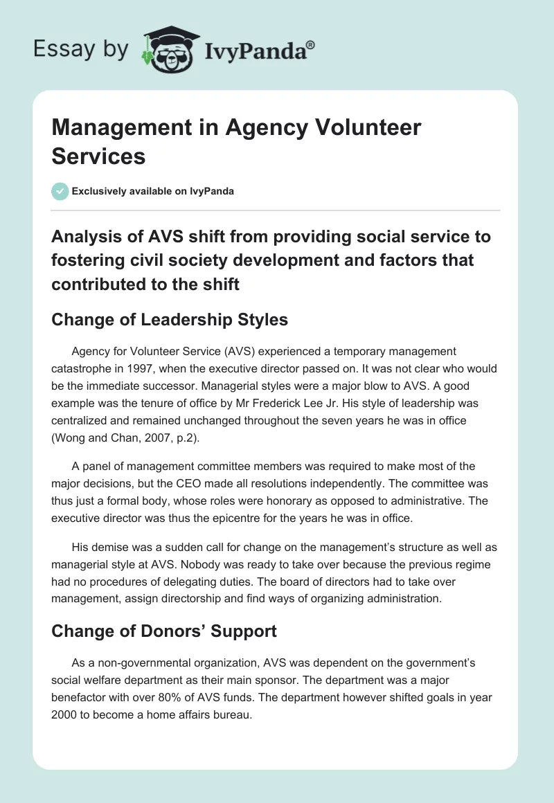 Management in Agency Volunteer Services. Page 1