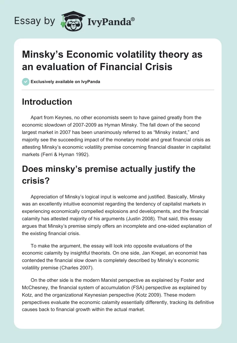 Minsky’s Economic volatility theory as an evaluation of Financial Crisis. Page 1