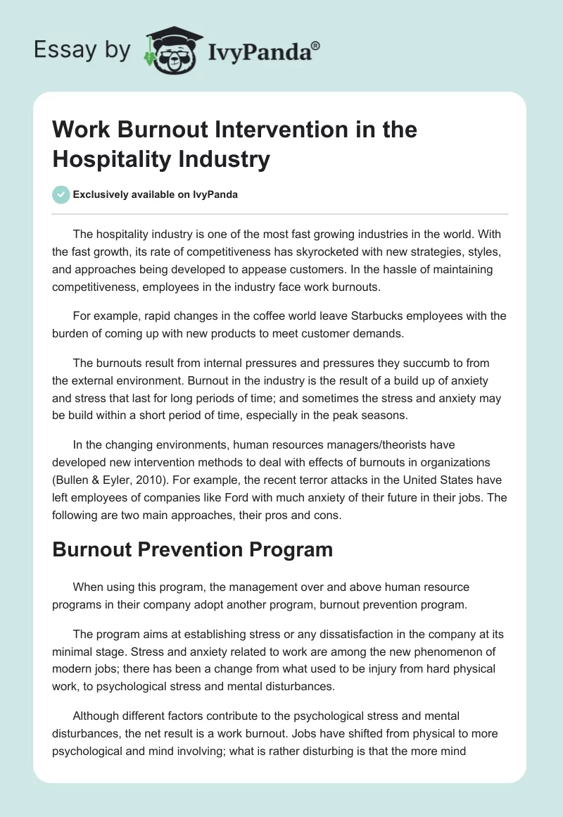 Work Burnout Intervention in the Hospitality Industry. Page 1