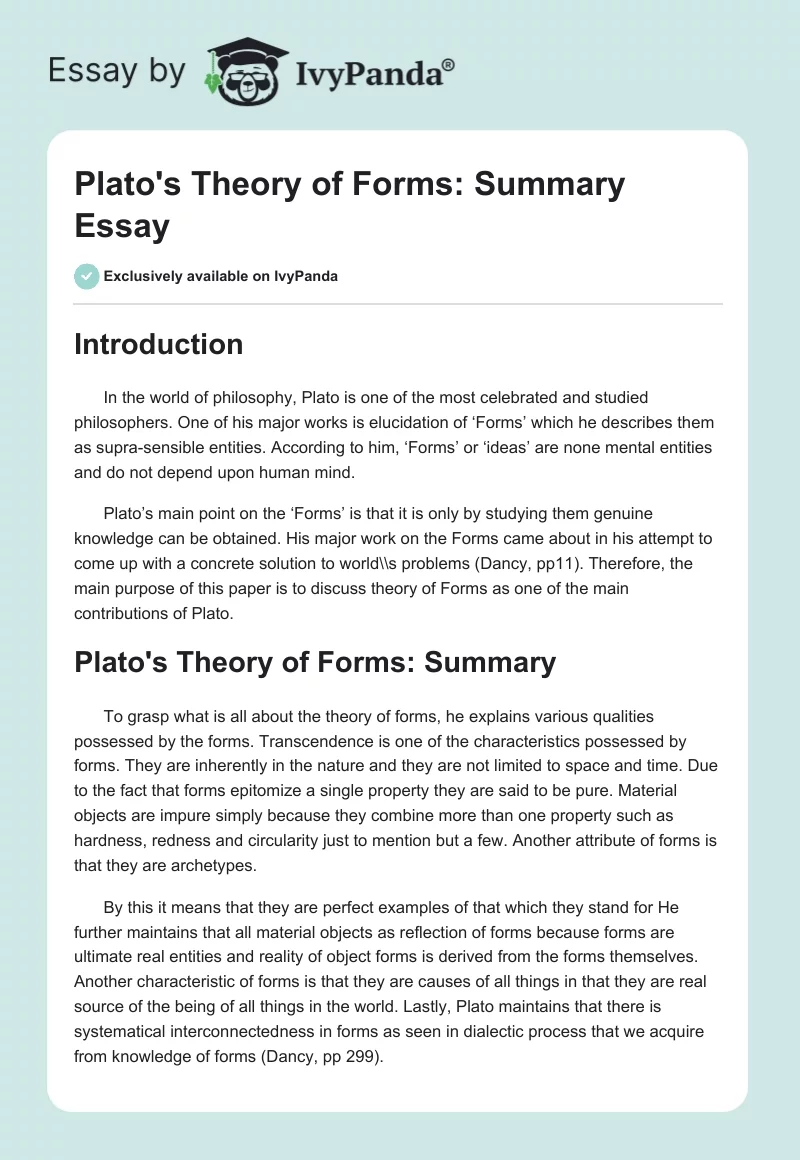 Plato's Theory of Forms: Summary Essay. Page 1