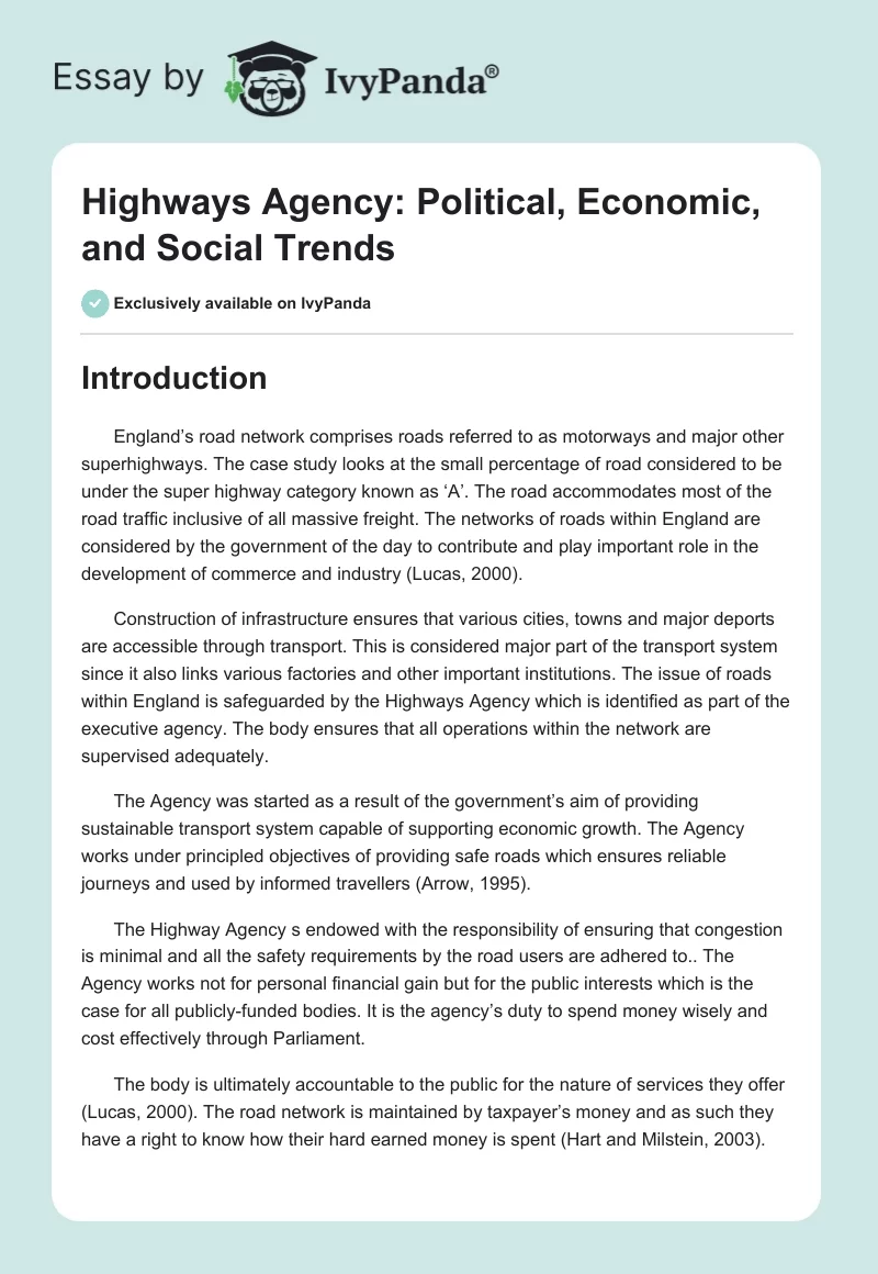 Highways Agency: Political, Economic, and Social Trends. Page 1