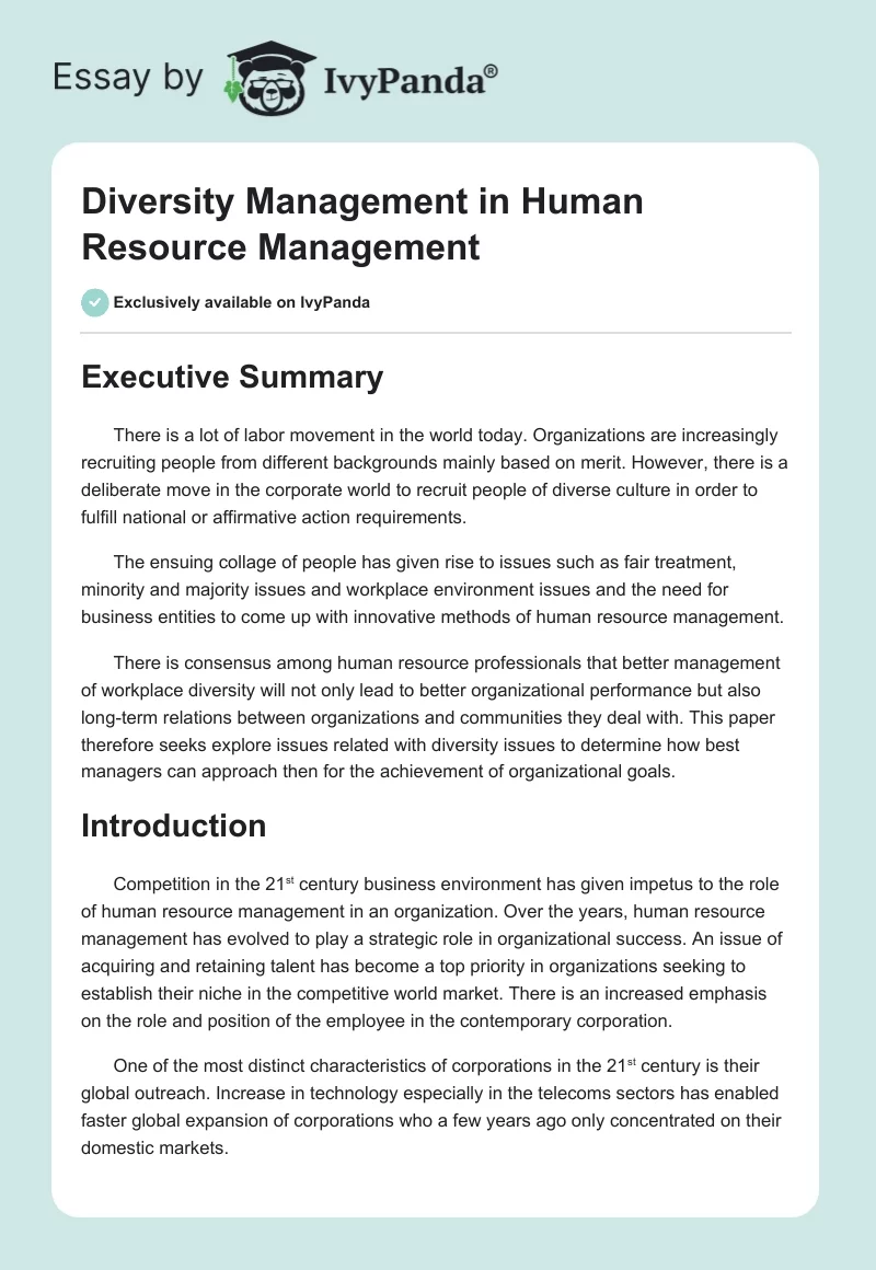 Diversity Management in Human Resource Management. Page 1
