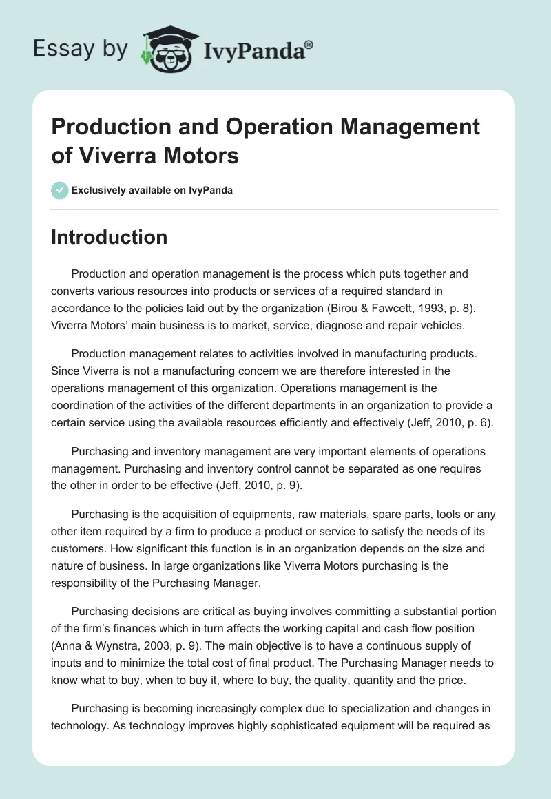 Production and Operation Management of Viverra Motors. Page 1