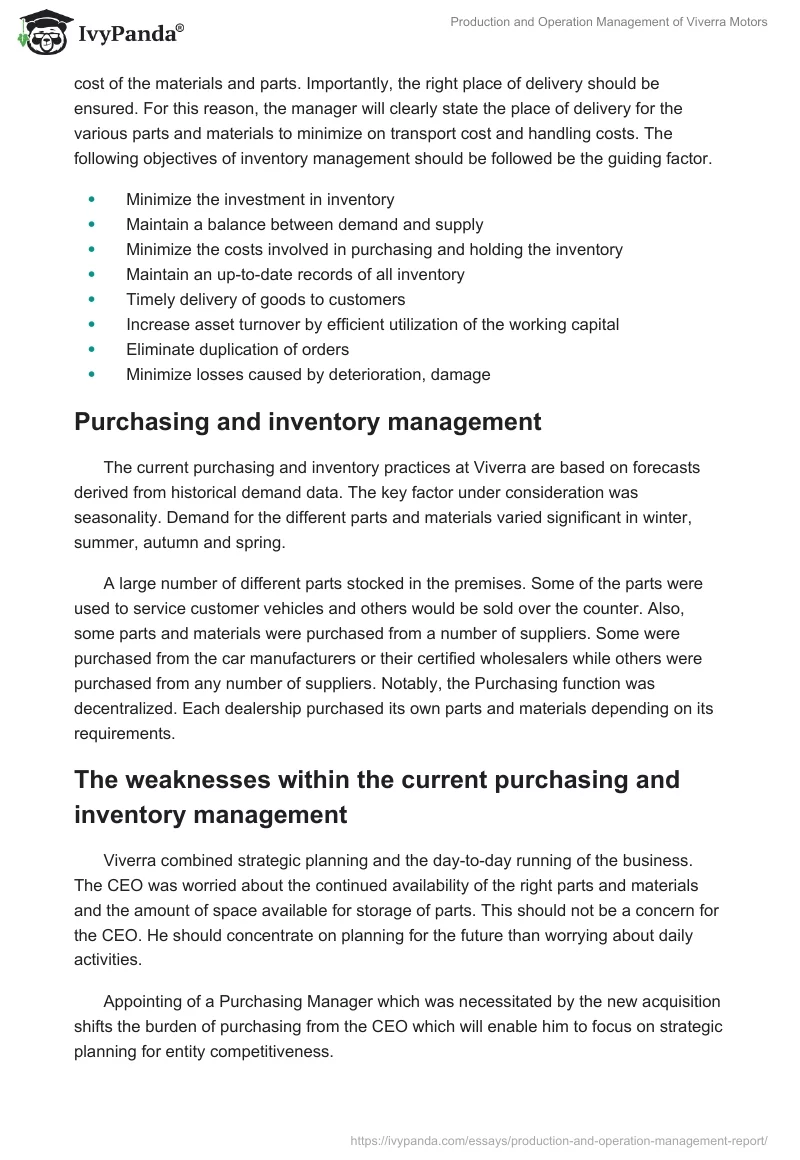 Production and Operation Management of Viverra Motors. Page 4