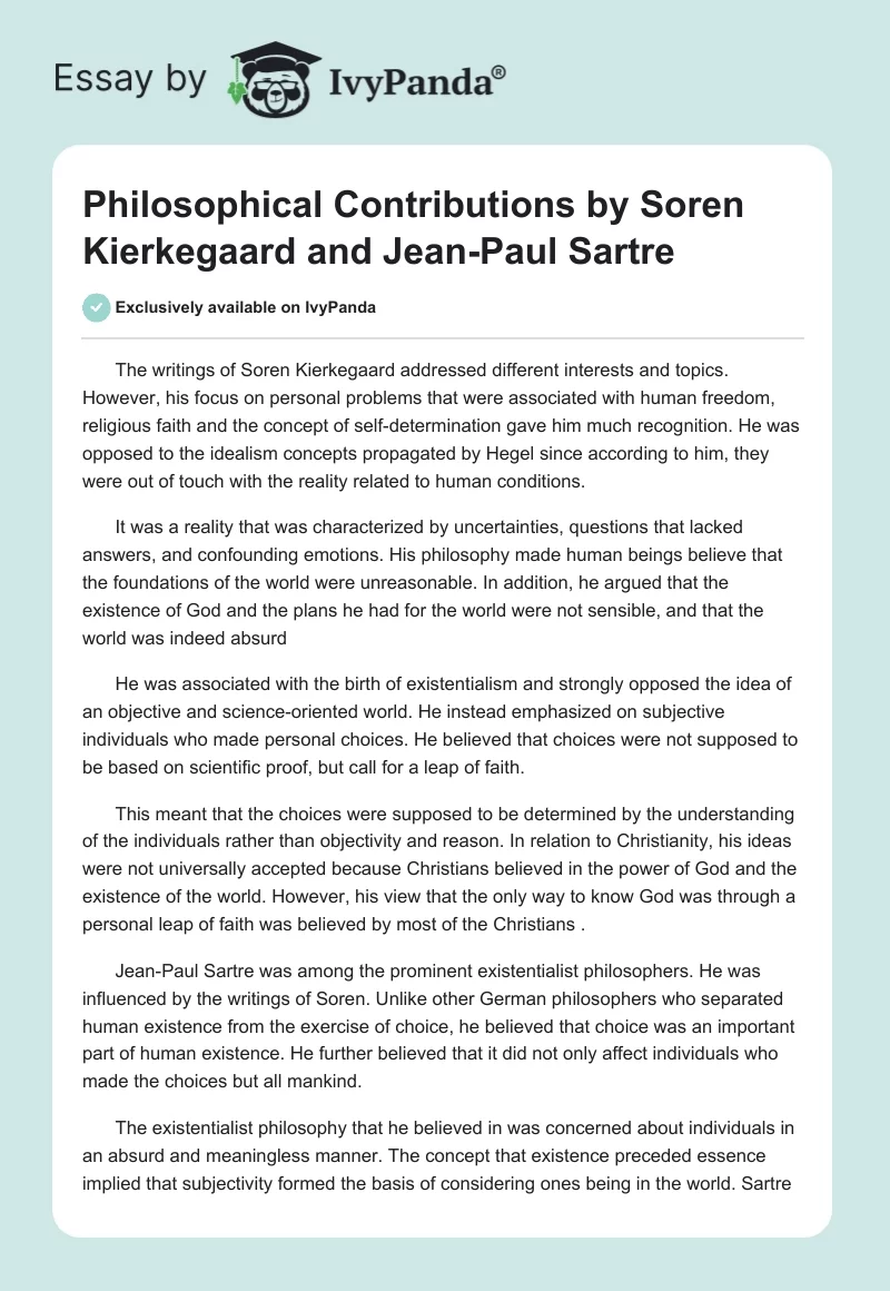 Philosophical Contributions by Soren Kierkegaard and Jean-Paul Sartre. Page 1