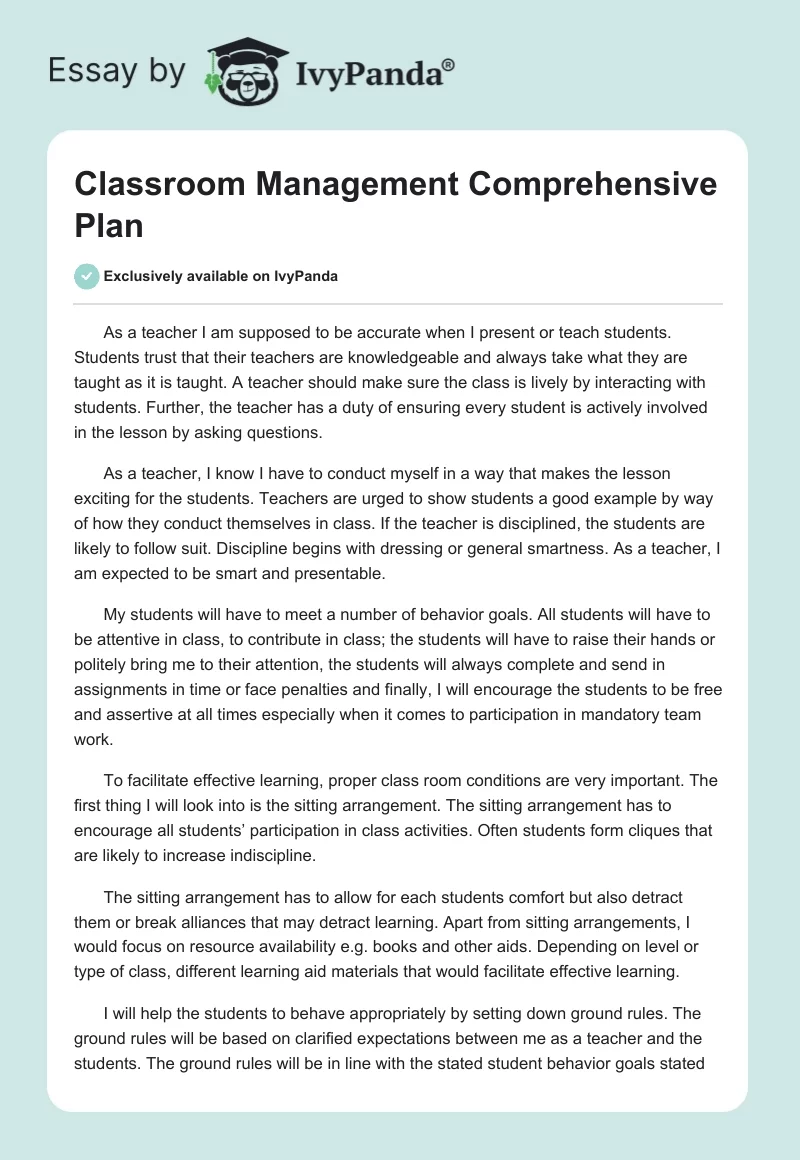 Classroom Management Comprehensive Plan. Page 1