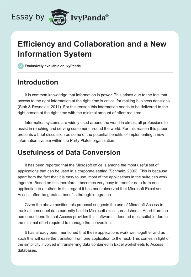 Efficiency and Collaboration and a New Information System. Page 1