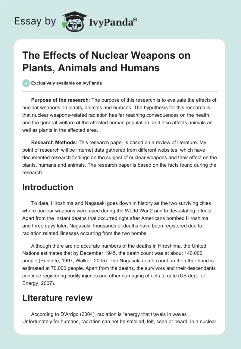The Effects of Nuclear Weapons on Plants, Animals and Humans. Page 1