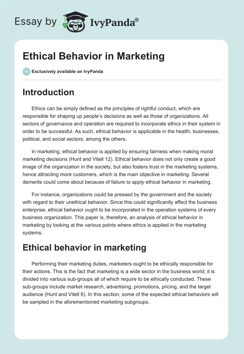Ethical Behavior in Marketing. Page 1