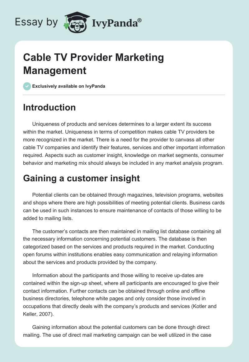 Cable TV Provider Marketing Management. Page 1