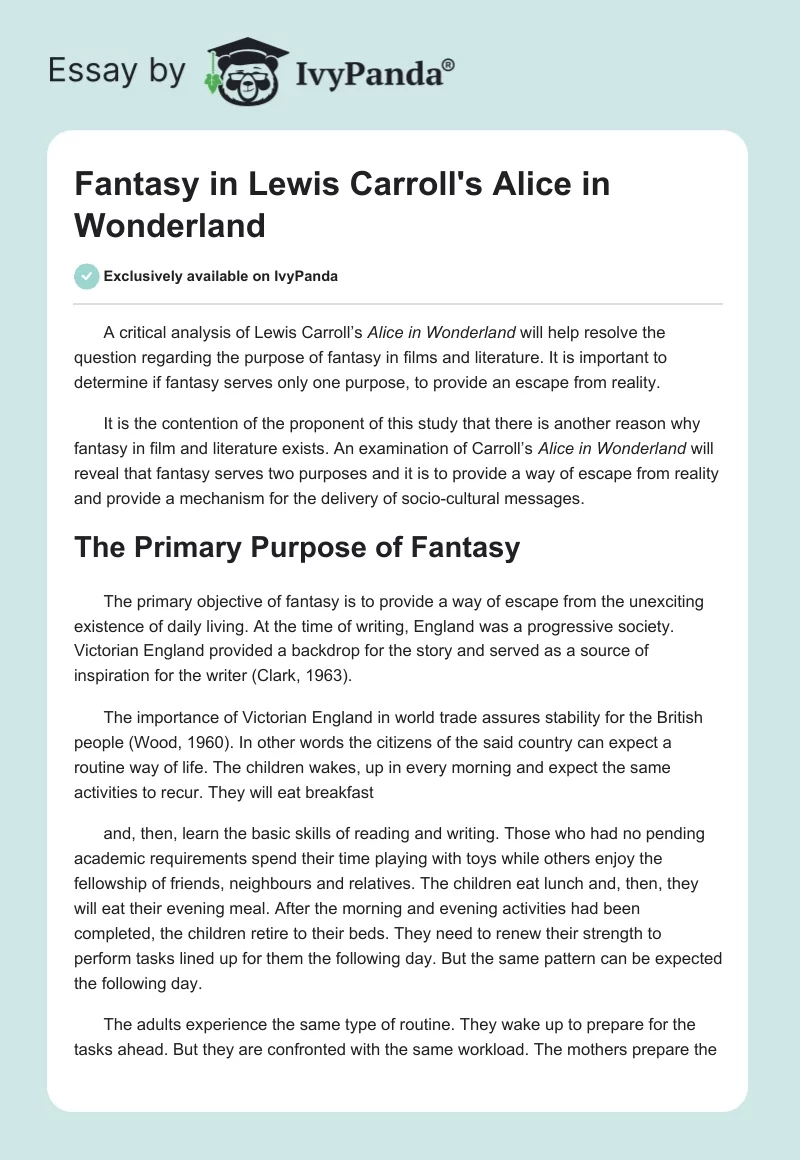 Fantasy in Lewis Carroll's "Alice in Wonderland". Page 1
