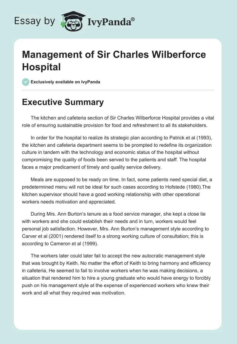 Management of Sir Charles Wilberforce Hospital. Page 1