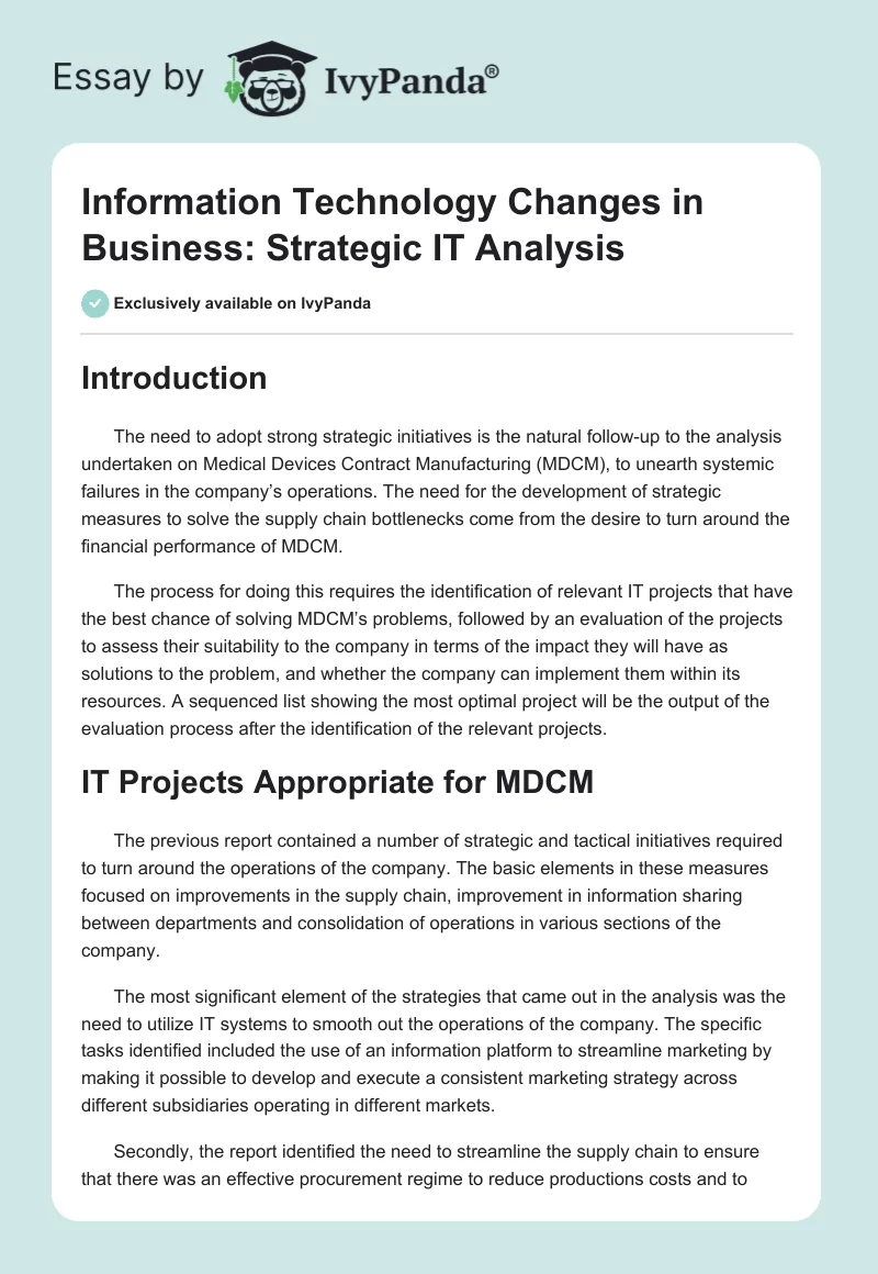 Information Technology Changes in Business: Strategic IT Analysis. Page 1