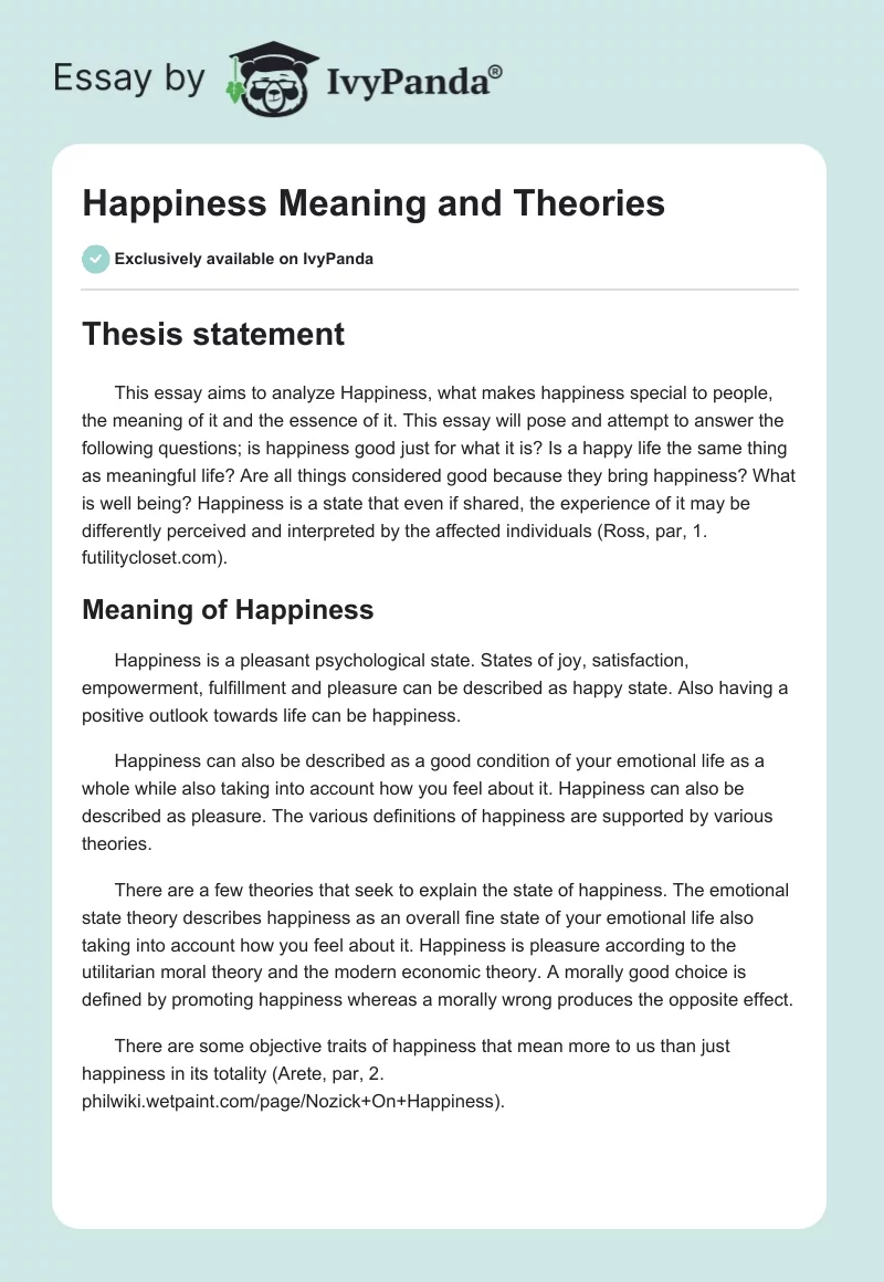 Happiness Meaning and Theories. Page 1