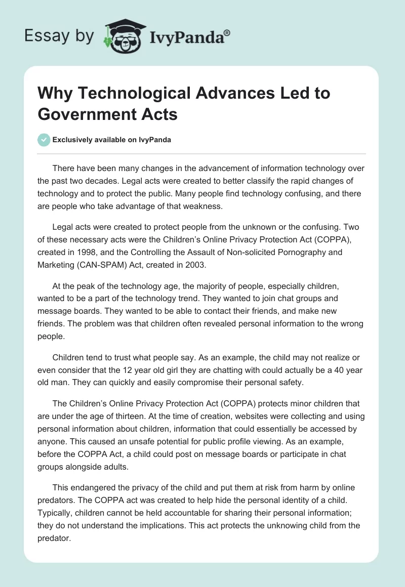 Why Technological Advances Led to Government Acts. Page 1