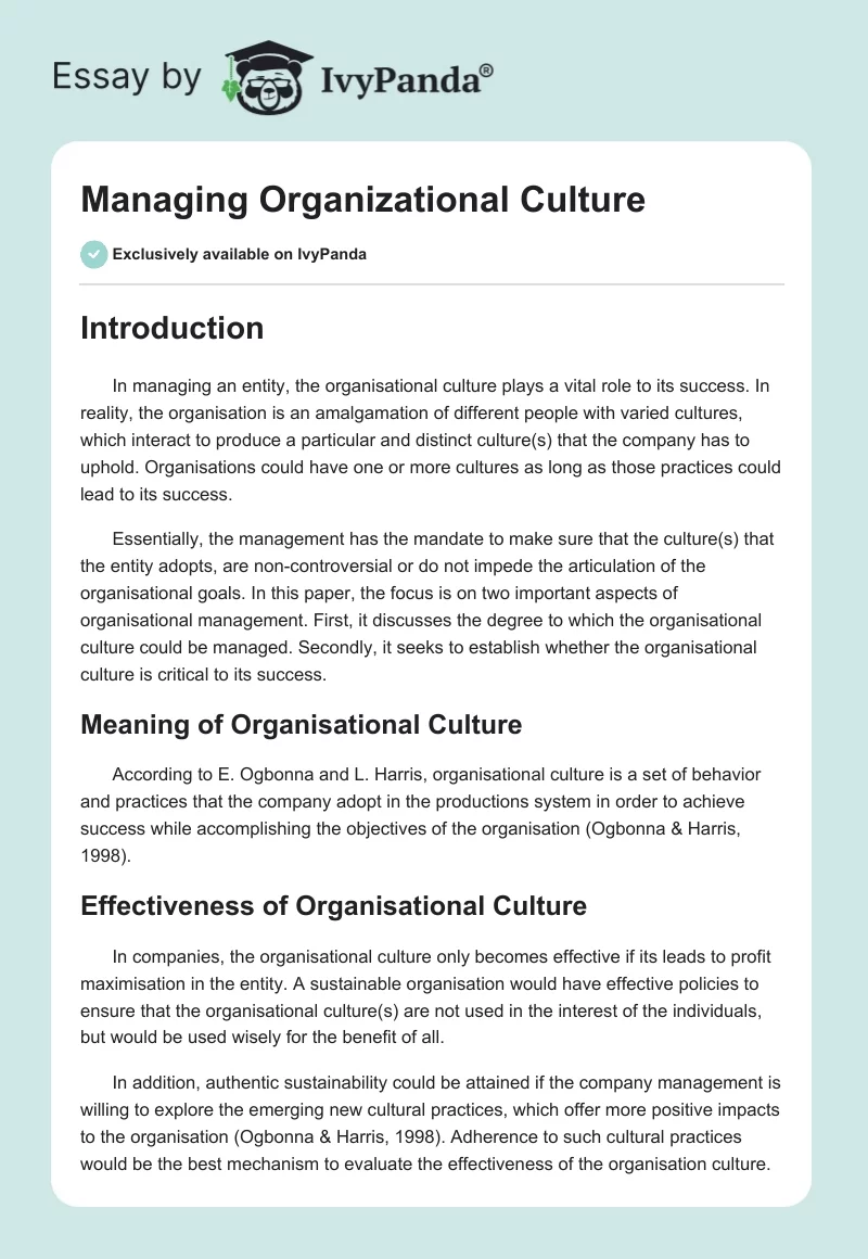 Managing Organizational Culture. Page 1