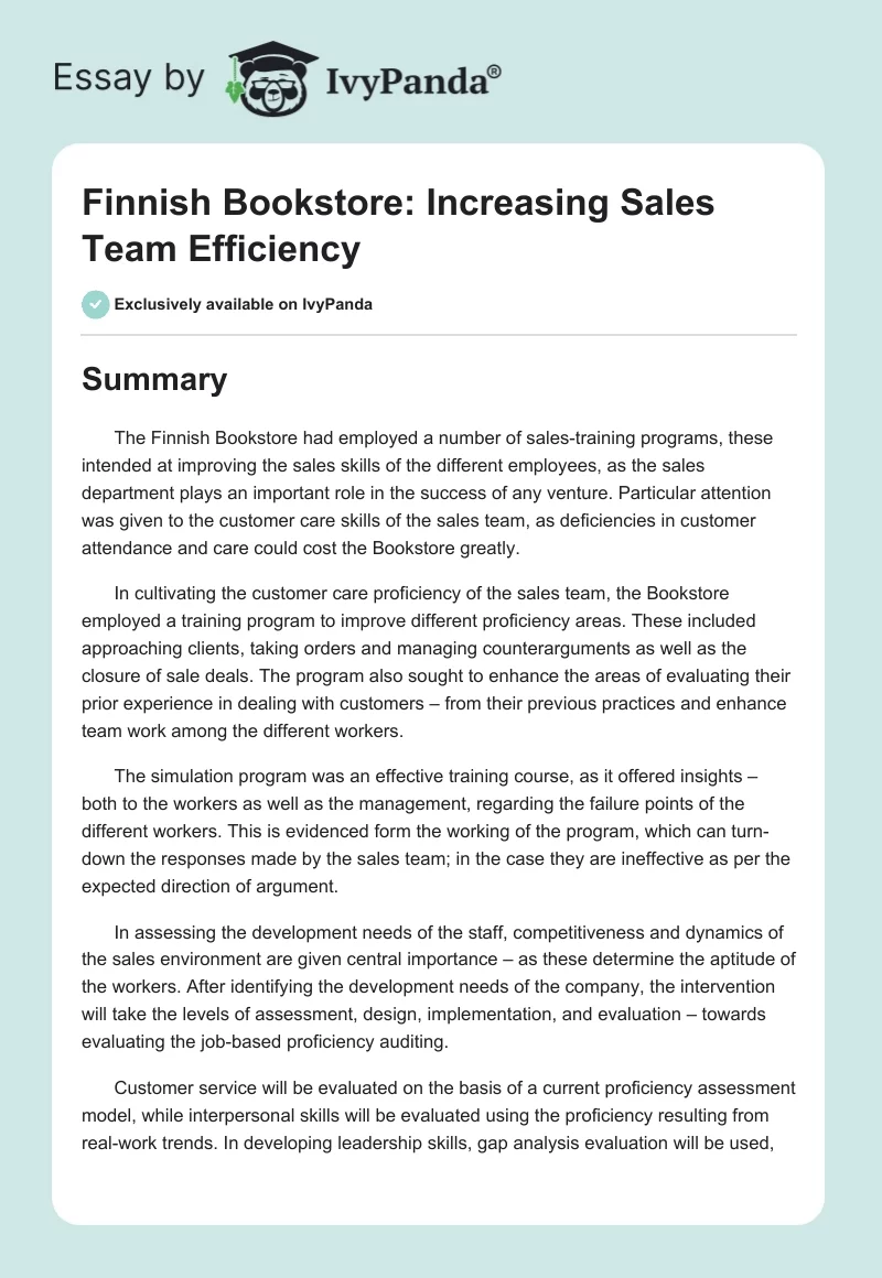 Finnish Bookstore: Increasing Sales Team Efficiency. Page 1