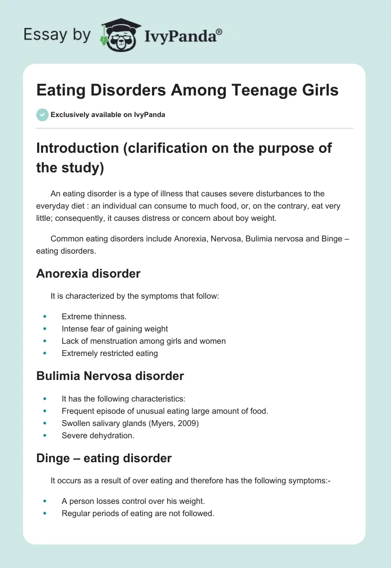 Eating Disorders Among Teenage Girls. Page 1