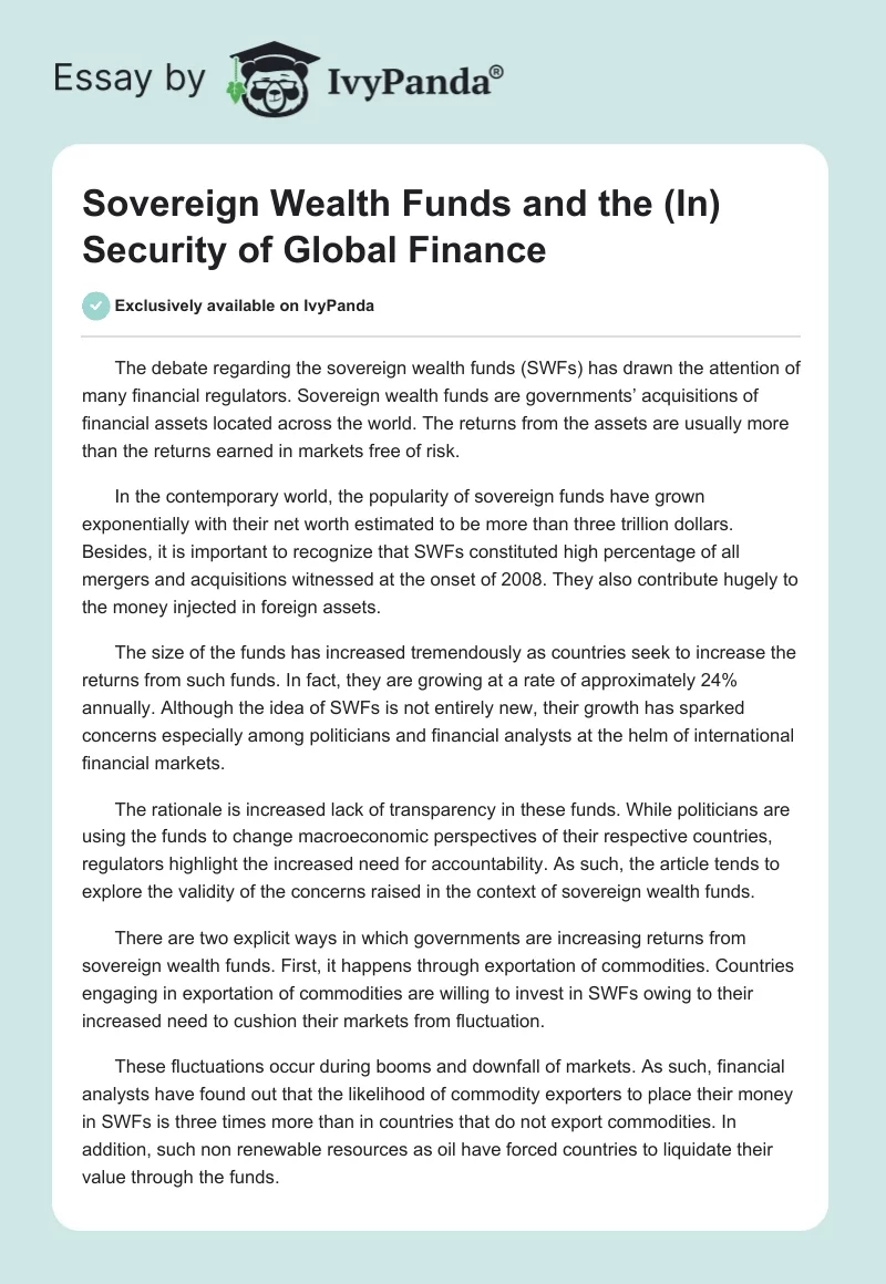 Sovereign Wealth Funds and the (In) Security of Global Finance. Page 1