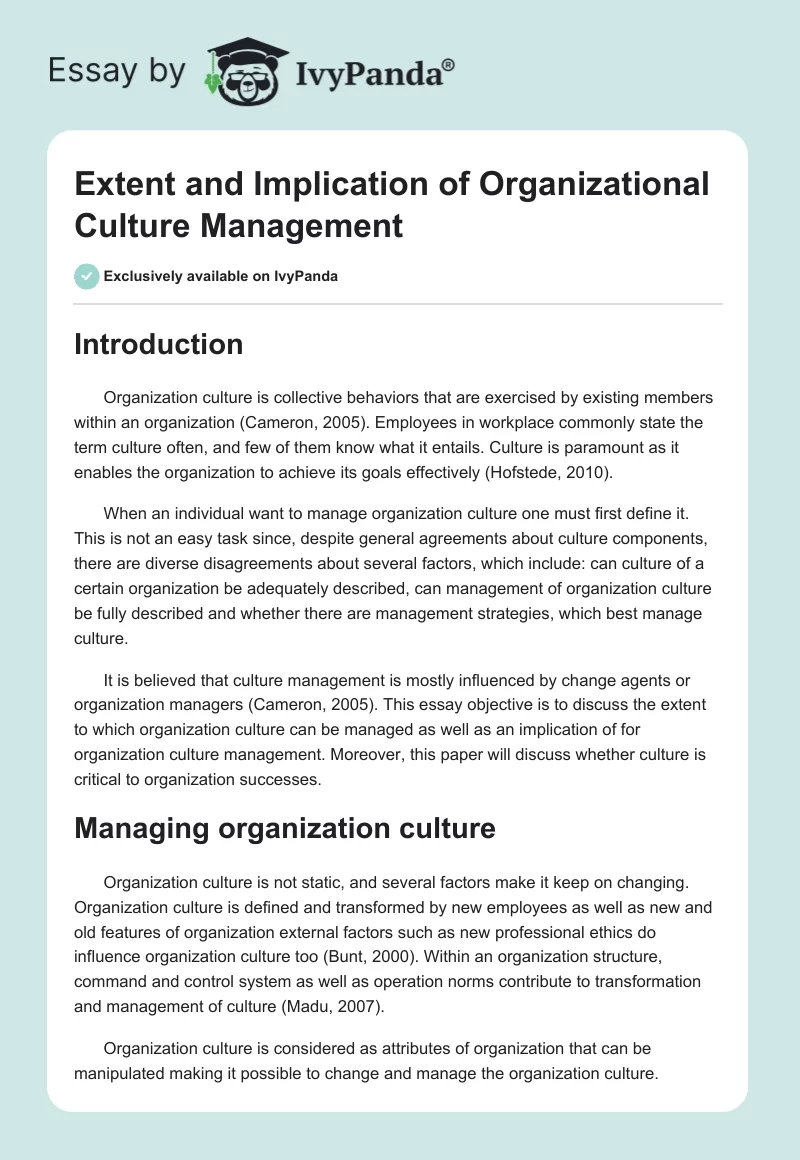 Extent and Implication of Organizational Culture Management. Page 1
