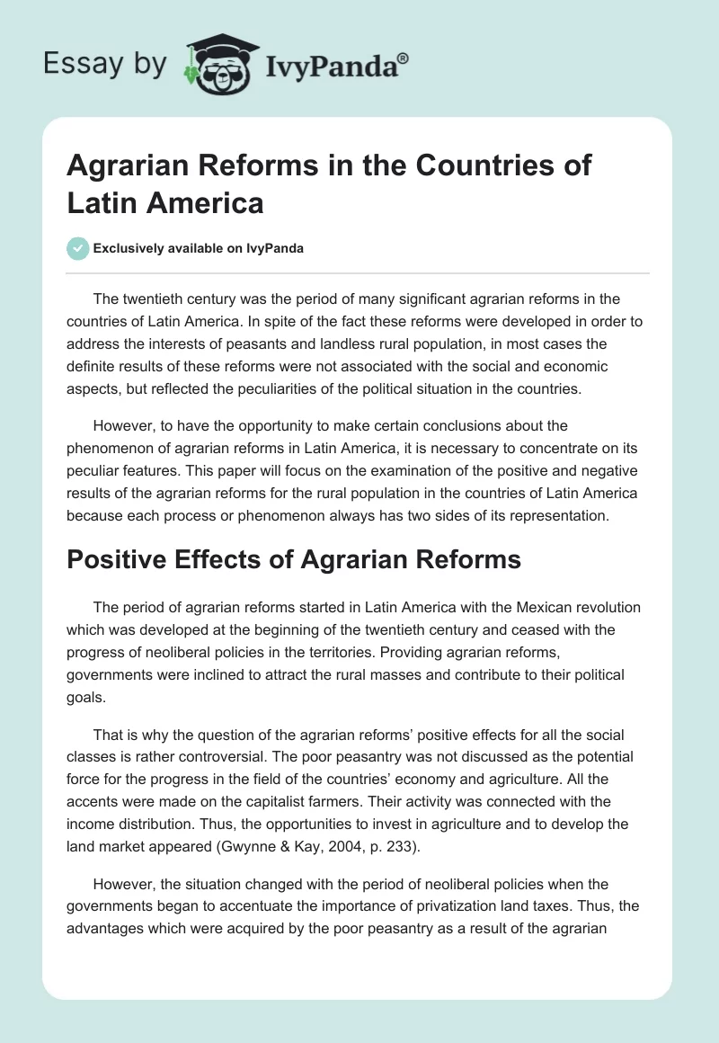 Agrarian Reforms in the Countries of Latin America. Page 1