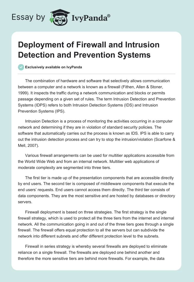 Deployment of Firewall and Intrusion Detection and Prevention Systems. Page 1