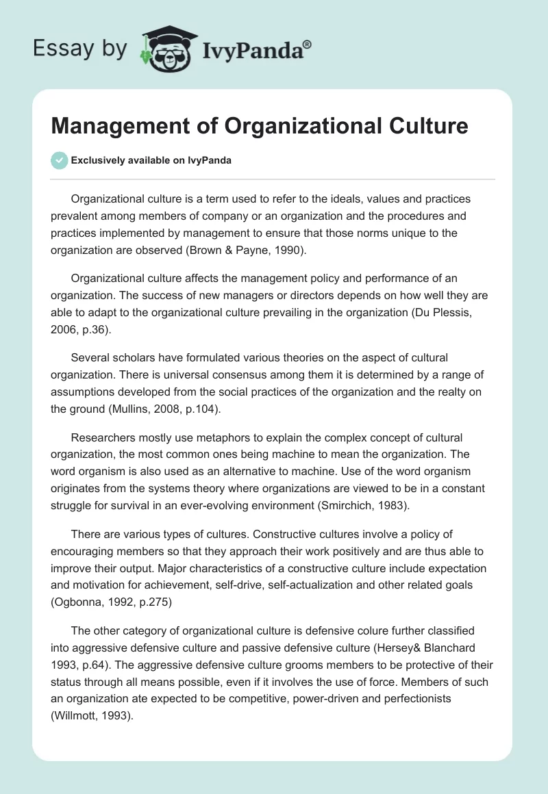 Management of Organizational Culture. Page 1