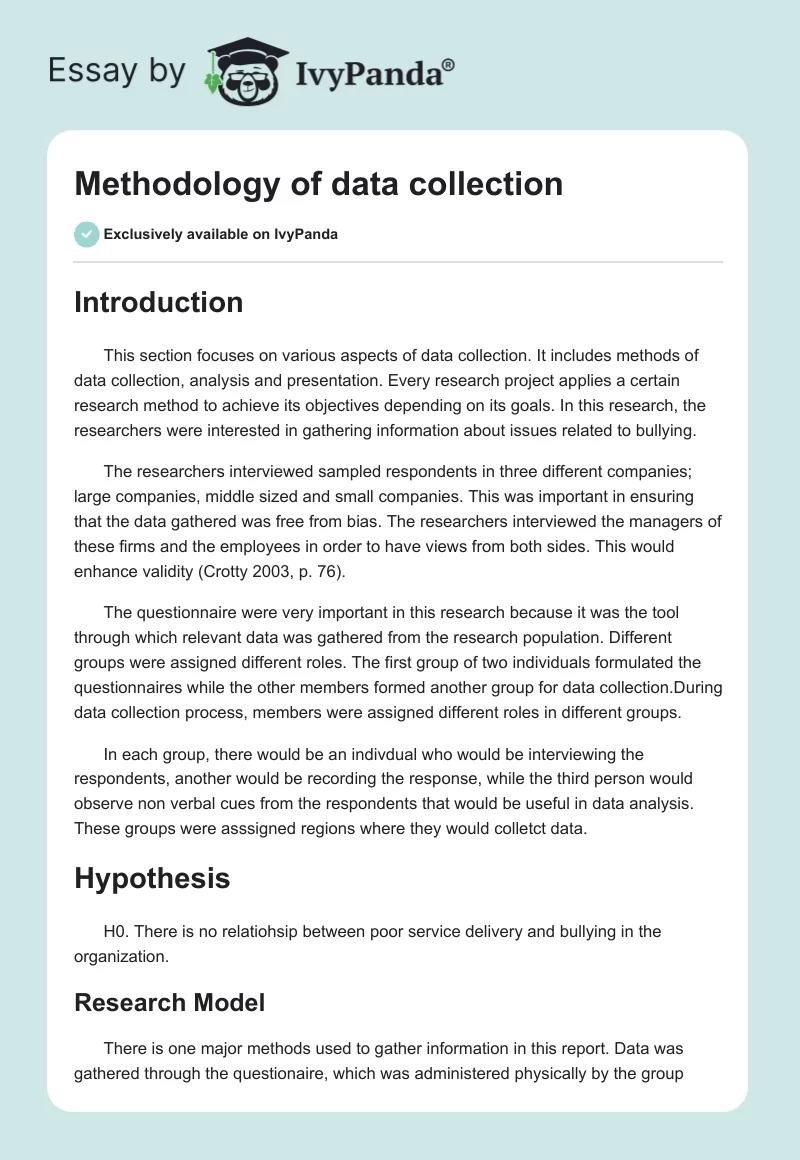 Methodology of data collection. Page 1