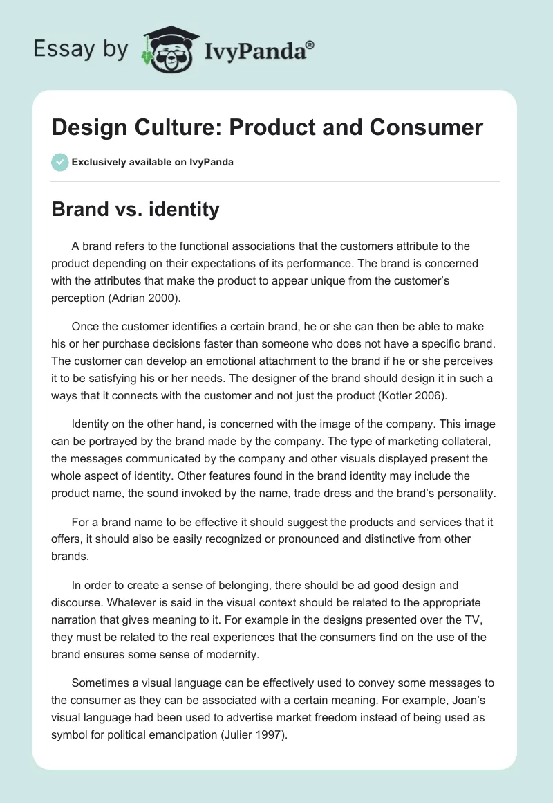 Design Culture: Product and Consumer. Page 1