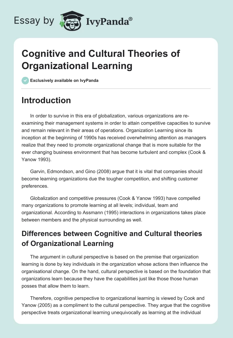 Cognitive and Cultural Theories of Organizational Learning. Page 1