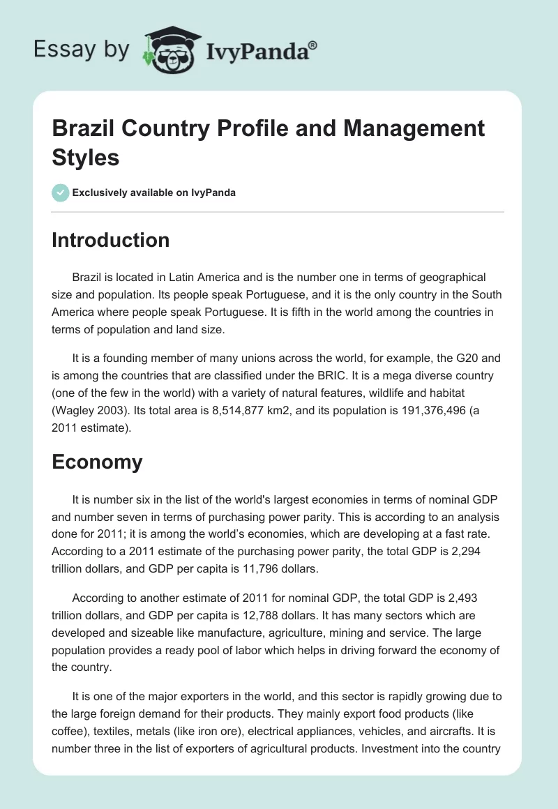 Brazil Country Profile and Management Styles. Page 1
