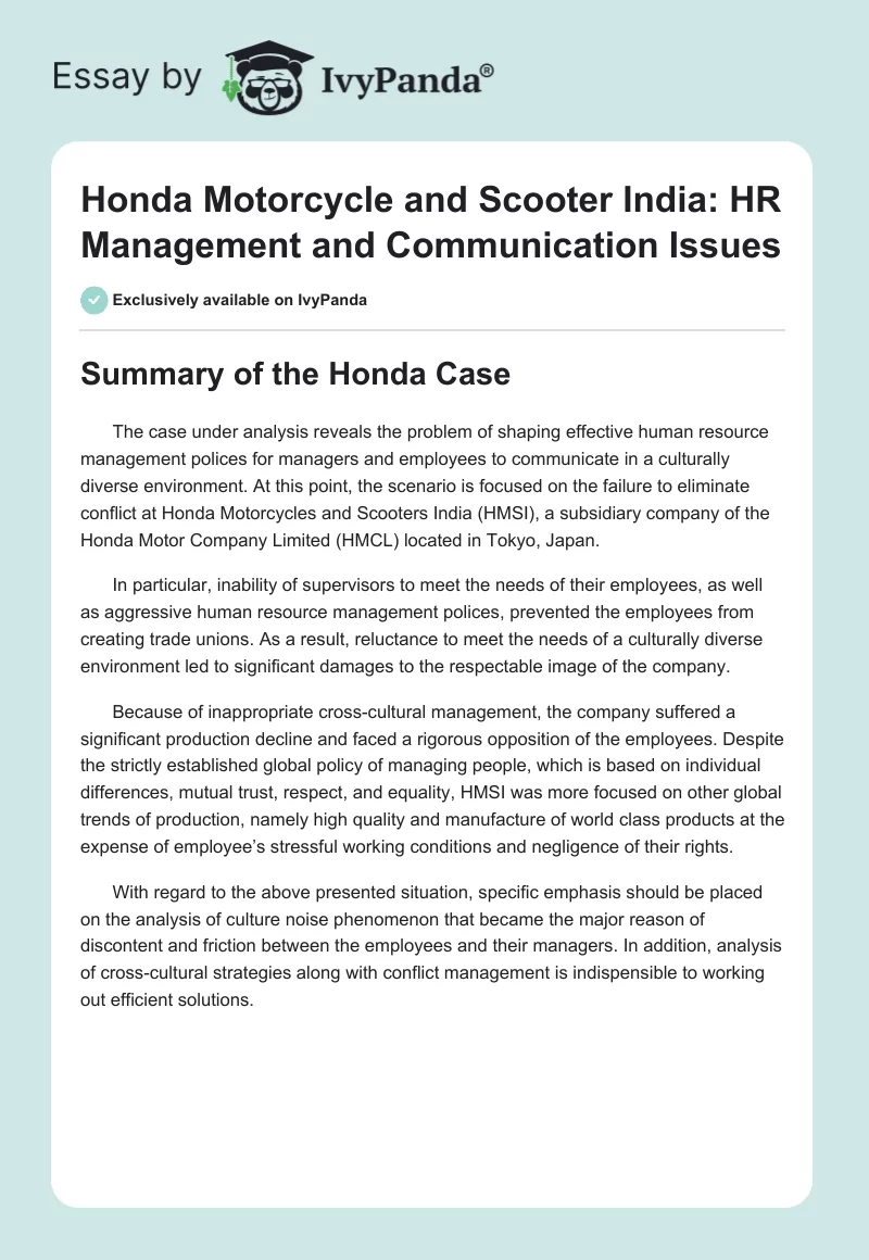 Honda Motorcycle and Scooter India: HR Management and Communication Issues. Page 1