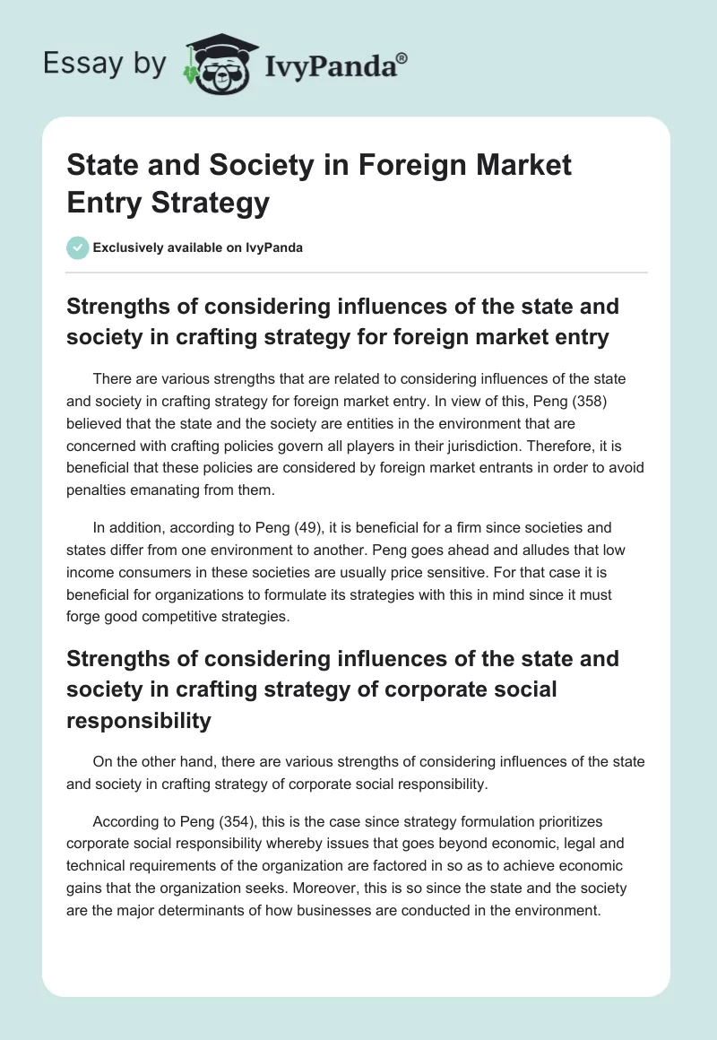 State and Society in Foreign Market Entry Strategy. Page 1