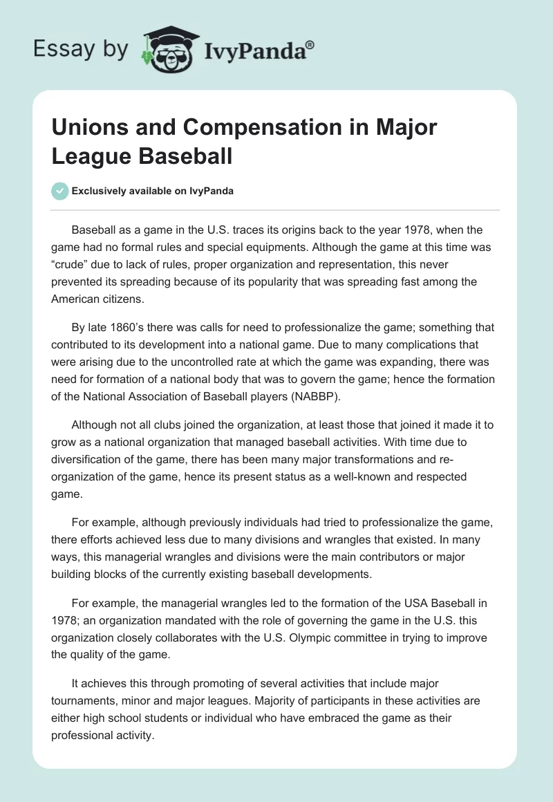 Unions and Compensation in Major League Baseball. Page 1