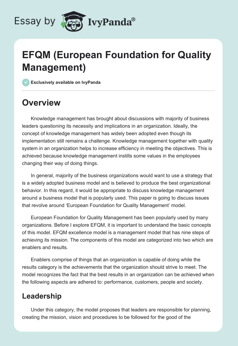 EFQM (European Foundation for Quality Management). Page 1