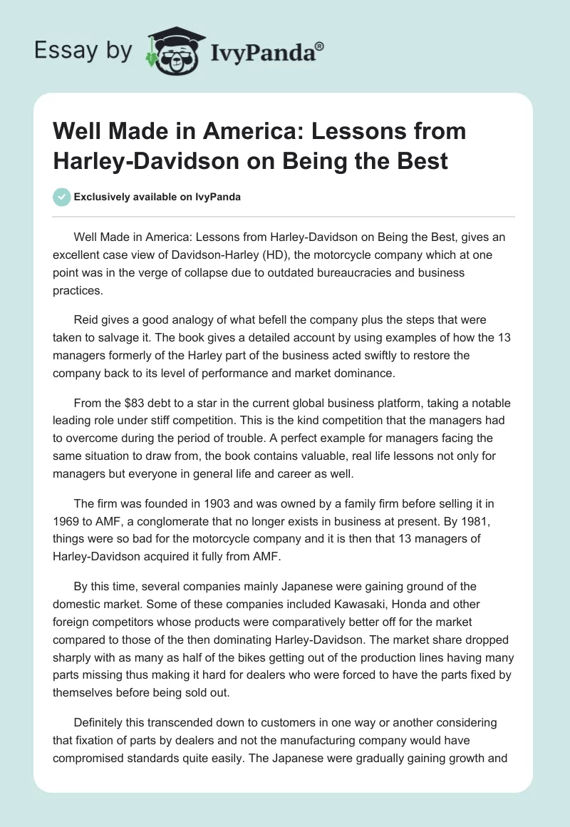 Well Made in America: Lessons from Harley-Davidson on Being the Best. Page 1