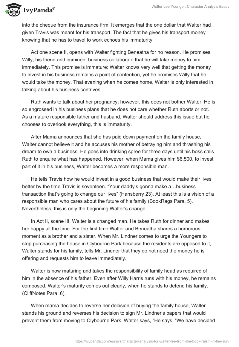 Walter Lee Younger: Character Analysis Essay. Page 2