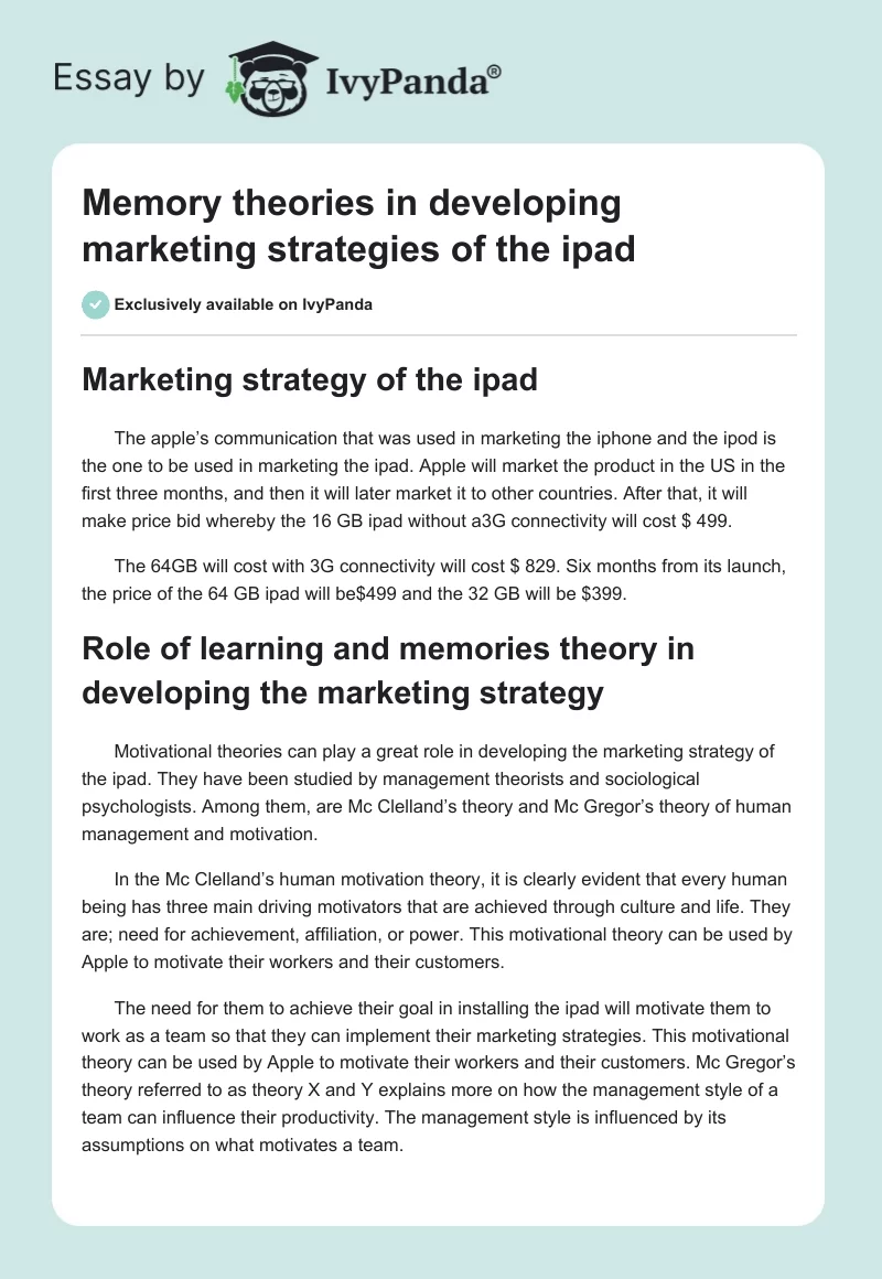 Memory Theories in Developing Marketing Strategies of the iPad. Page 1