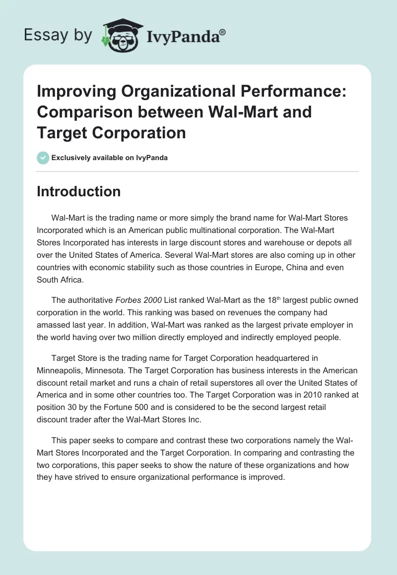 Improving Organizational Performance: Comparison Between Wal-Mart and Target Corporation. Page 1