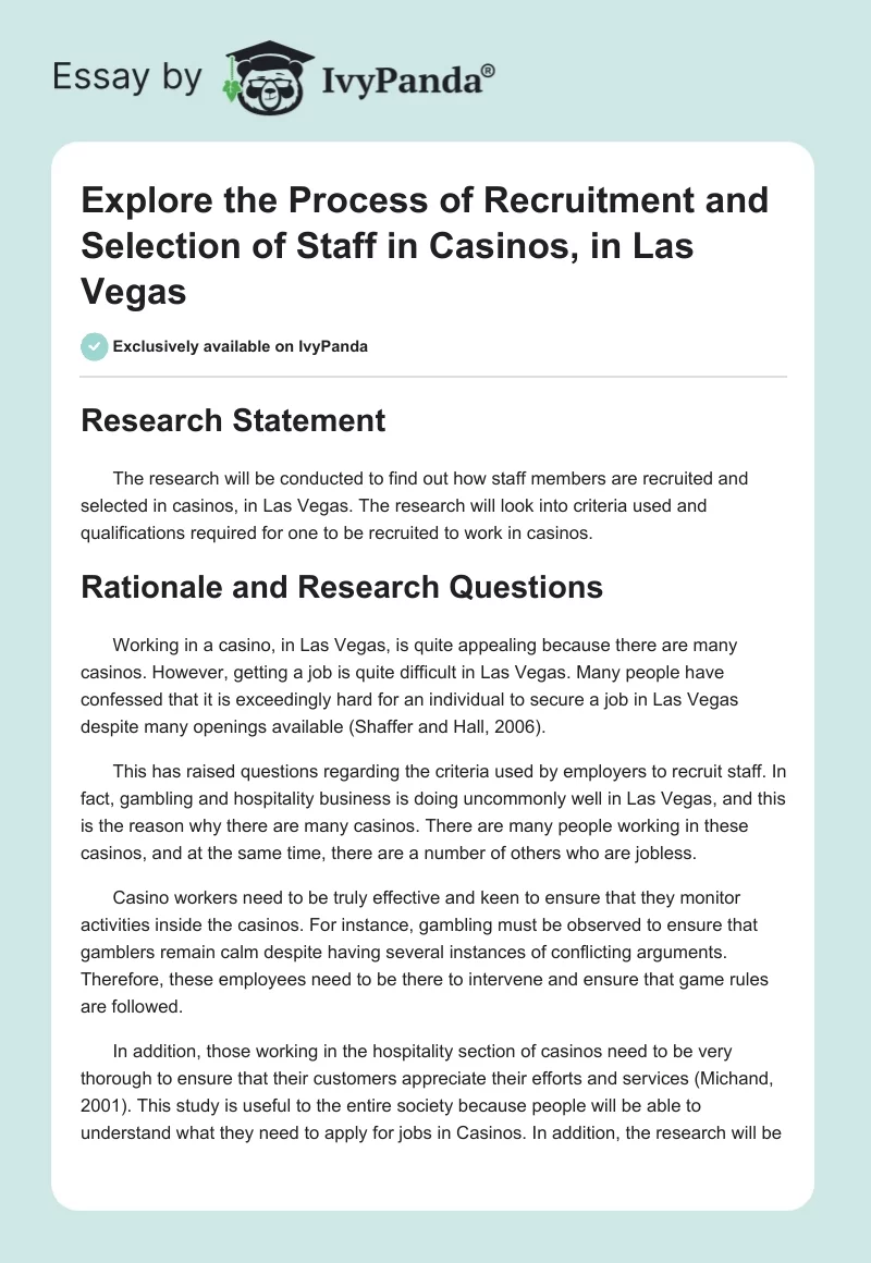 Explore the Process of Recruitment and Selection of Staff in Casinos, in Las Vegas. Page 1